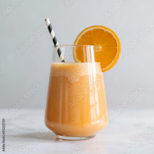 orange smoothie in glass with straw and slice, orange smoothie creamy citrus drink, orange smoothie healthy vitamin c beverage
