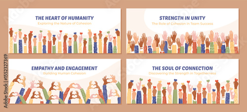 Flat colorful banner of a diverse community raising hands as a symbol of solidarity set. Representation teamwork, hope, and charity. Set raised hands promoting unity and volunteer values.