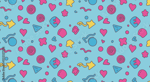 Playful and vibrant seamless pattern featuring assorted geometric shapes and designs