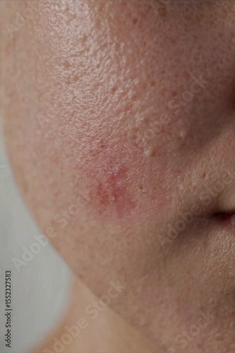 Close-Up Facial Skin Analysis Showing Enlarged Pores and Rosacea. Orange peel skin
