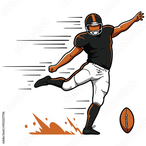 Dynamische Illustration eines Fußballspielers in Aktion, der einen Fußball kickt. Die Bewegungslinien suggerieren Geschwindigkeit und Wucht. Das stilisierte Design und die kräftigen Linien eignen sich