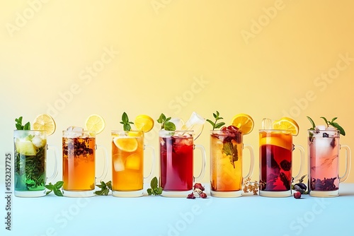 A colorful and vibrant image of various glasses filled with different types of tea, lemonade, or cocktail drinks arranged in the center on a blue background.
