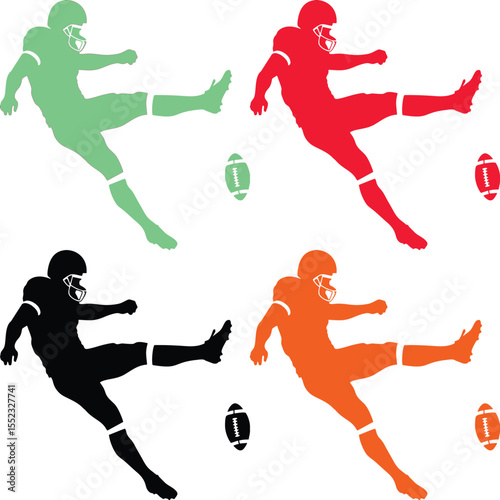 Collage von vier Fußballspielern in verschiedenen Farben, die Fußbälle kicken. Perfekte Illustration für Sportveranstaltungen, Sportnachrichten oder Sportwerbung
