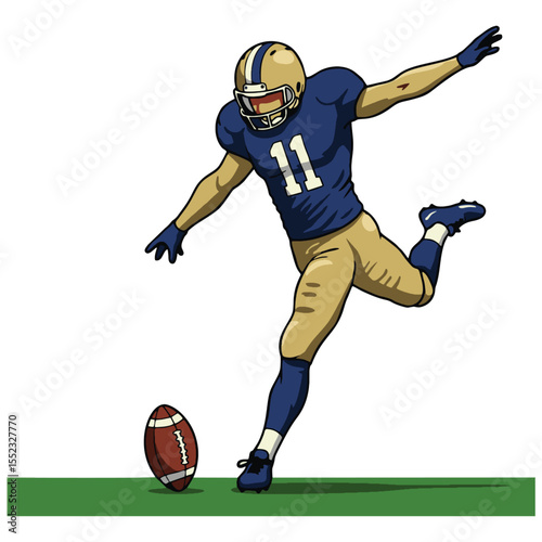 A skilled American football player is shown kicking a football during a game in this lively cartoon illustration. The artwork captures the dynamism of sports