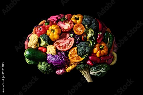 A colorful brain made of various vegetables, symbolizing the role of food in maintaining mental health.
