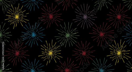 Vibrant bursts of color on black background create a dynamic and playful design