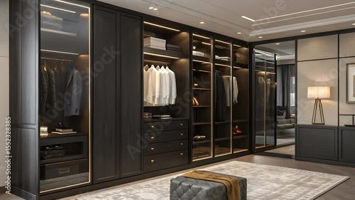 A luxurious walk in closet featuring dark wood cabinetry and a plush ottoman on a rug floor