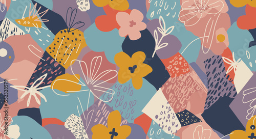 Abstract floral pattern with playful shapes and vibrant colors illustration