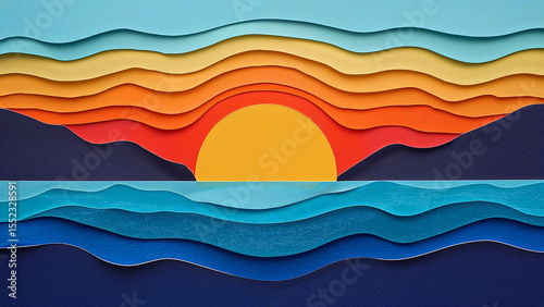 Vibrant layered paper art of sunset over sea