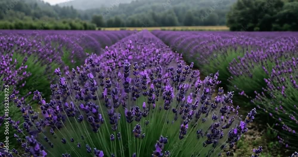 Close up of vibrant purple lavender field rows under overcast skies. A stunning natural landscape with green trees in the background and selective focus on the lavender Close up of vibrant purple lavender field rows under overcast skies. A stunning natural landscape with green trees in the background and selective focus on the lavender
