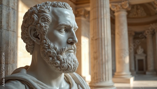 Marble bust of Hippocrates set in classical architecture. Greek doctor portrait, famous ancient physician, antique art, medical history. White stone sculpture depicts male face with a beard.