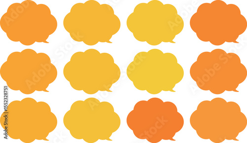 All the bubbles have a distinctive, rounded, cloud-like, or scalloped edge design. This vector image features twelve speech bubbles.　Yellow and orange color.