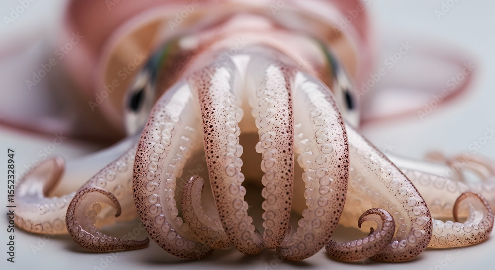 Fototapeta premium Detailed Examination Of An Exotic Raw Squid On A Light Background