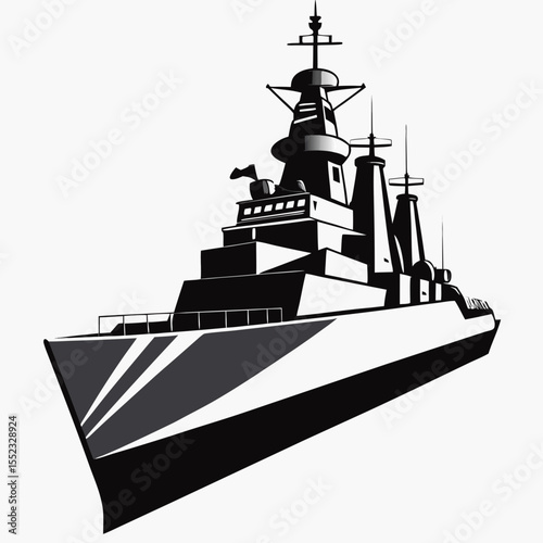 Modern warship with multiple decks and antennas isolated on white background