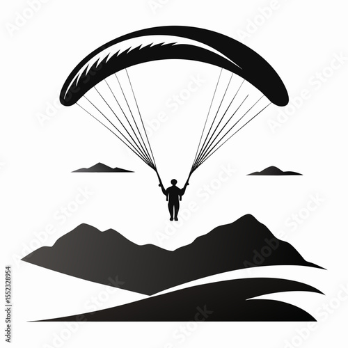 Silhouette of a paraglider soaring over mountains isolated on white background