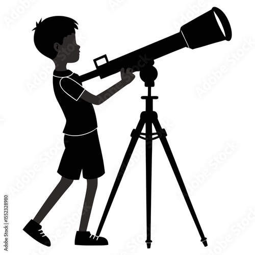 Young boy silhouette looking through a telescope on a tripod isolated on white background
