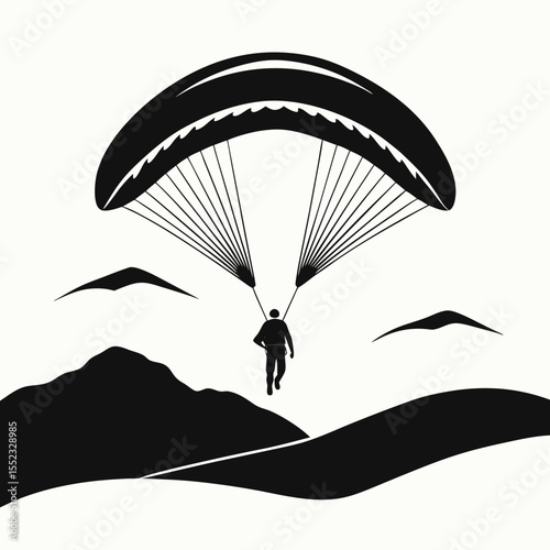 Silhouette of a paraglider flying over mountains and hills isolated on white background