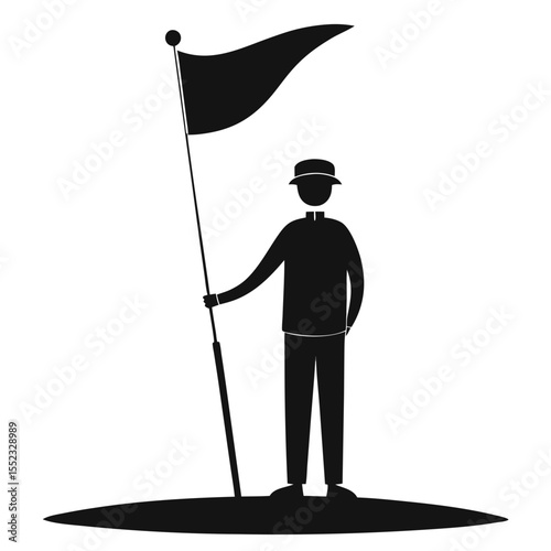 Golfer holding a flag on a golf course isolated on white background