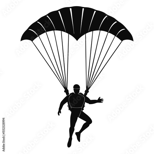 Silhouette of a skydiver descending with an open parachute isolated on white background