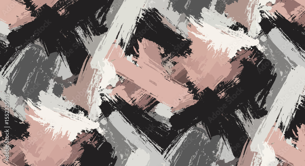 Abstract seamless pattern with paint brush strokes in black pink and grey colors