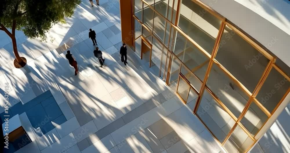 Aerial view of modern architecture featuring a building with glass windows and a golden facade, surrounded by trees and pedestrians in sunlight casting long shadows