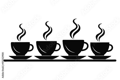 Four steaming coffee cups lined up on a shelf isolated on white background