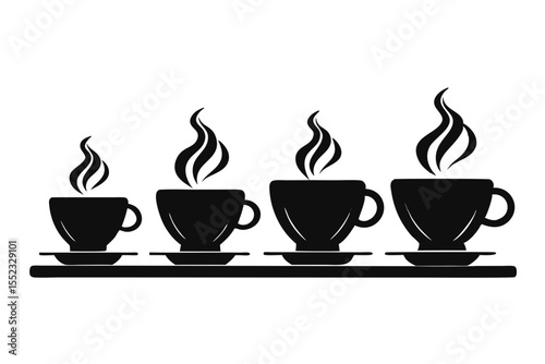 Four steaming coffee cups in increasing size on a shelf isolated on white background