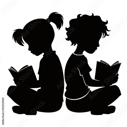 Two children reading books sitting back to back isolated on white background