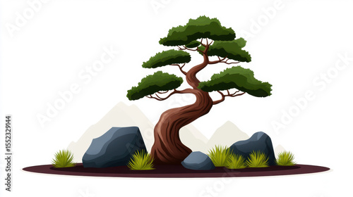 Stylized Bonsai Tree with Rocks and Grass on White Background