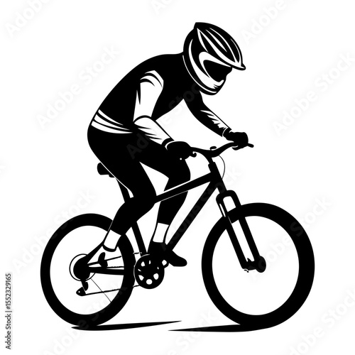 Silhouette of a mountain biker in action isolated on white background