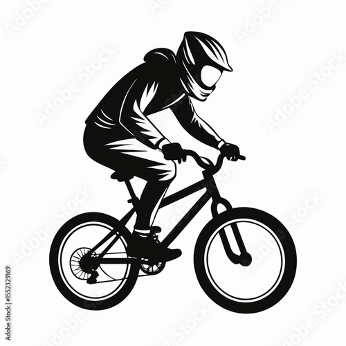 Silhouette of a cyclist wearing a helmet and riding a bicycle isolated on white background