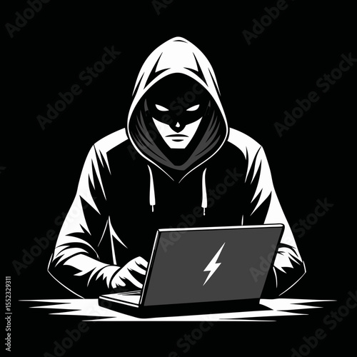 Anonymous hacker in hoodie working on laptop with lightning bolt symbol isolated on white background