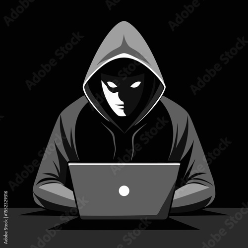 Anonymous hacker wearing a hood and mask using a laptop isolated on white background