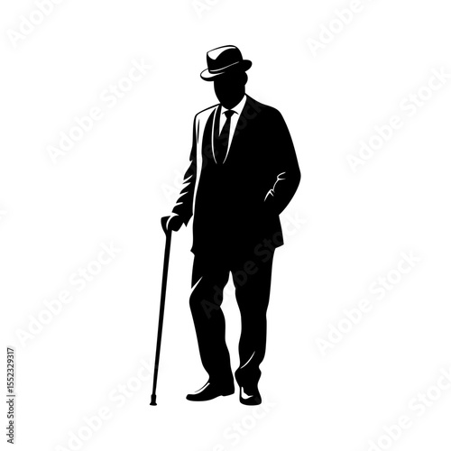 Elegant gentleman in suit and hat holding cane isolated on white background