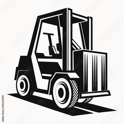 Stylized black and white illustration of a forklift isolated on white background
