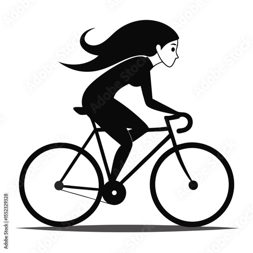 Stylized silhouette of a woman cycling with flowing hair isolated on white background