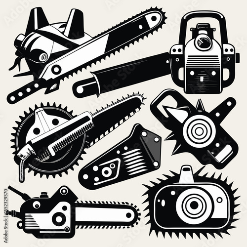 Collection of stylized black and white chainsaw illustrations isolated on white background