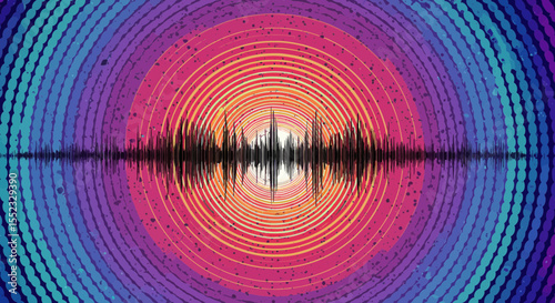 Abstract audio wave visualization with colorful concentric circles background