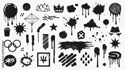Collection of black graffiti style drips splatters and symbols isolated on white background