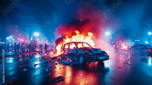 Fiery wreck at night in a city street, reflecting neon light and intense flames
