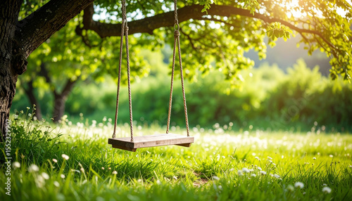 Weathered wooden swing hangs from tree, its chains gently swaying in breeze, surrounded by lush green grass and blooming flowers, evoking sense of nostalgia and tranquility