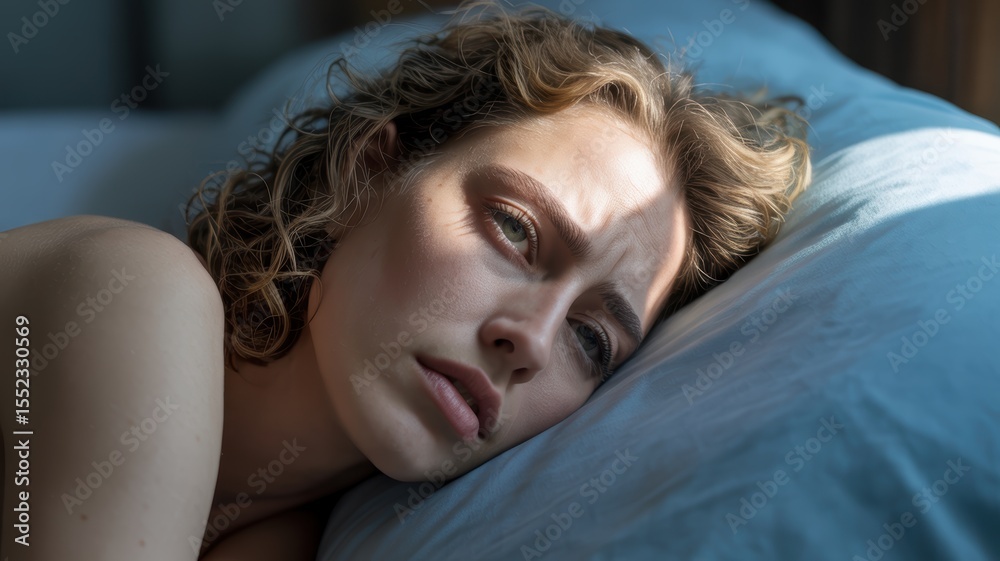Fototapeta premium Young caucasian female resting on bed with thoughtful expression in soft light