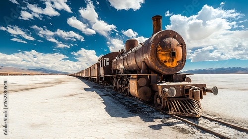 Expansive view of the salt mounds and trains at the Uyuni salt flats railway cemetery, Bolivia