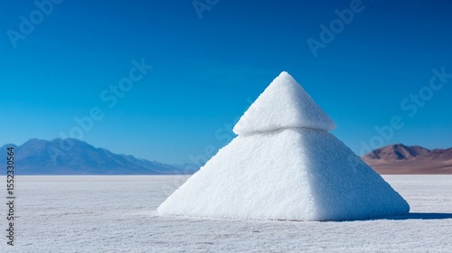 Unique salt pyramid structure stands out against clear blue sky and distant mountains in a vast, flat salt flat landscape