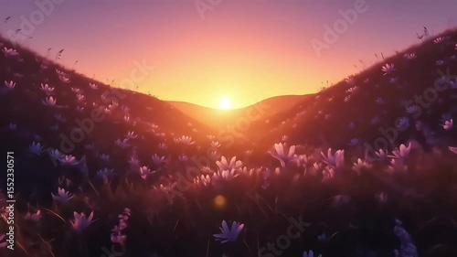 Serene Sunset Over Blooming Meadow: Animated Floral Landscape
