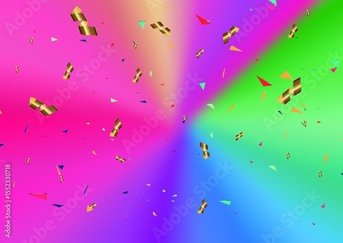 Colorful abstract background with vibrant gradients blending pink, blue, green, and purple hues. Golden confetti pieces and multicolored triangles scattered throughout the scene