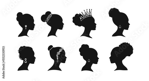 Elegant black silhouette profiles showcase diverse hairstyles and accessories, perfect for fashion or beauty related projects.