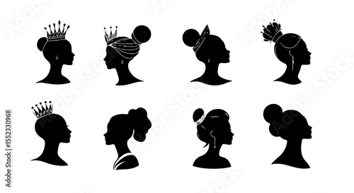 Elegant woman portraits with crowns present a collection of queen, princess, or royal female figures in simple black silhouette style.
