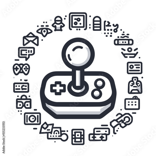 Outline of a gaming joystick surrounded by various gaming icons  