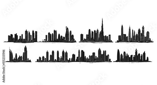 Skyline silhouettes showcase different angles of cityscapes, featuring modern architecture and urban panoramas under a monochrome palette.
